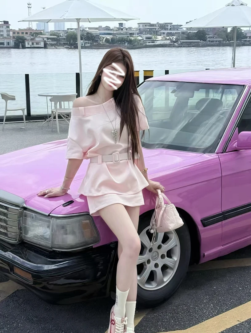 【粉樱漫影】韩系休闲斜肩宽松T恤微宽半裙两件套2025年夏季新款女