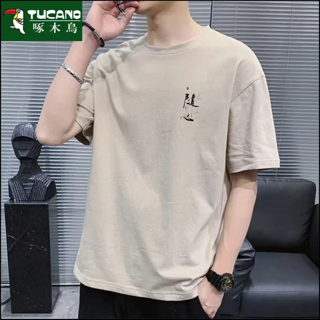 啄木鸟短袖t恤男士新款爆款宽松圆领上衣打底衫青年印花全棉半袖t