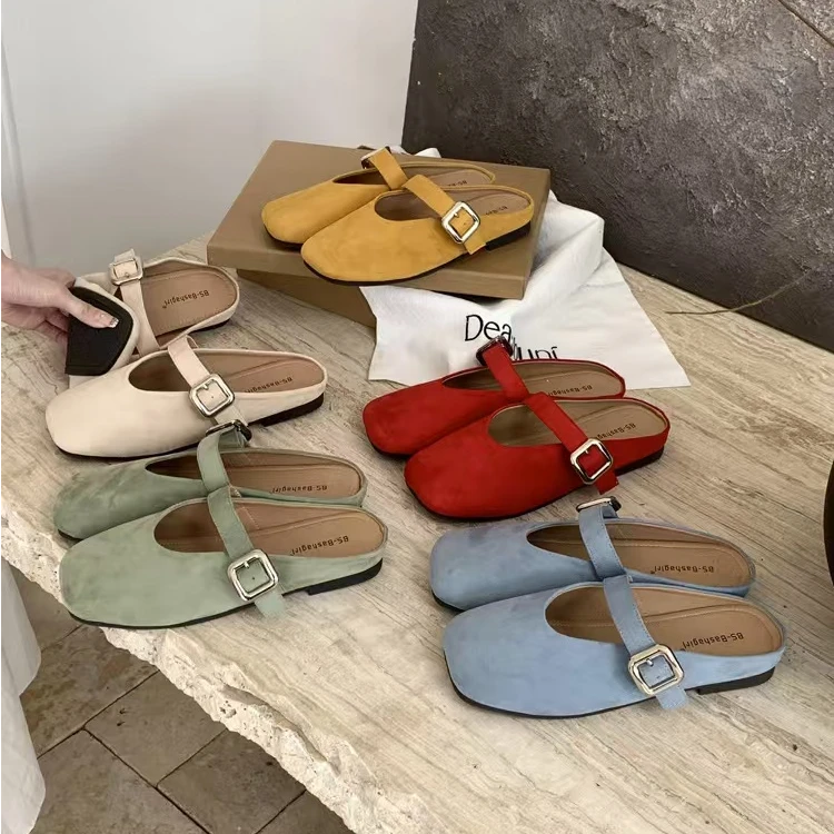 韩系绒面复古方头包头半拖鞋外穿夏季配裙子一字带浅口懒人穆勒拖