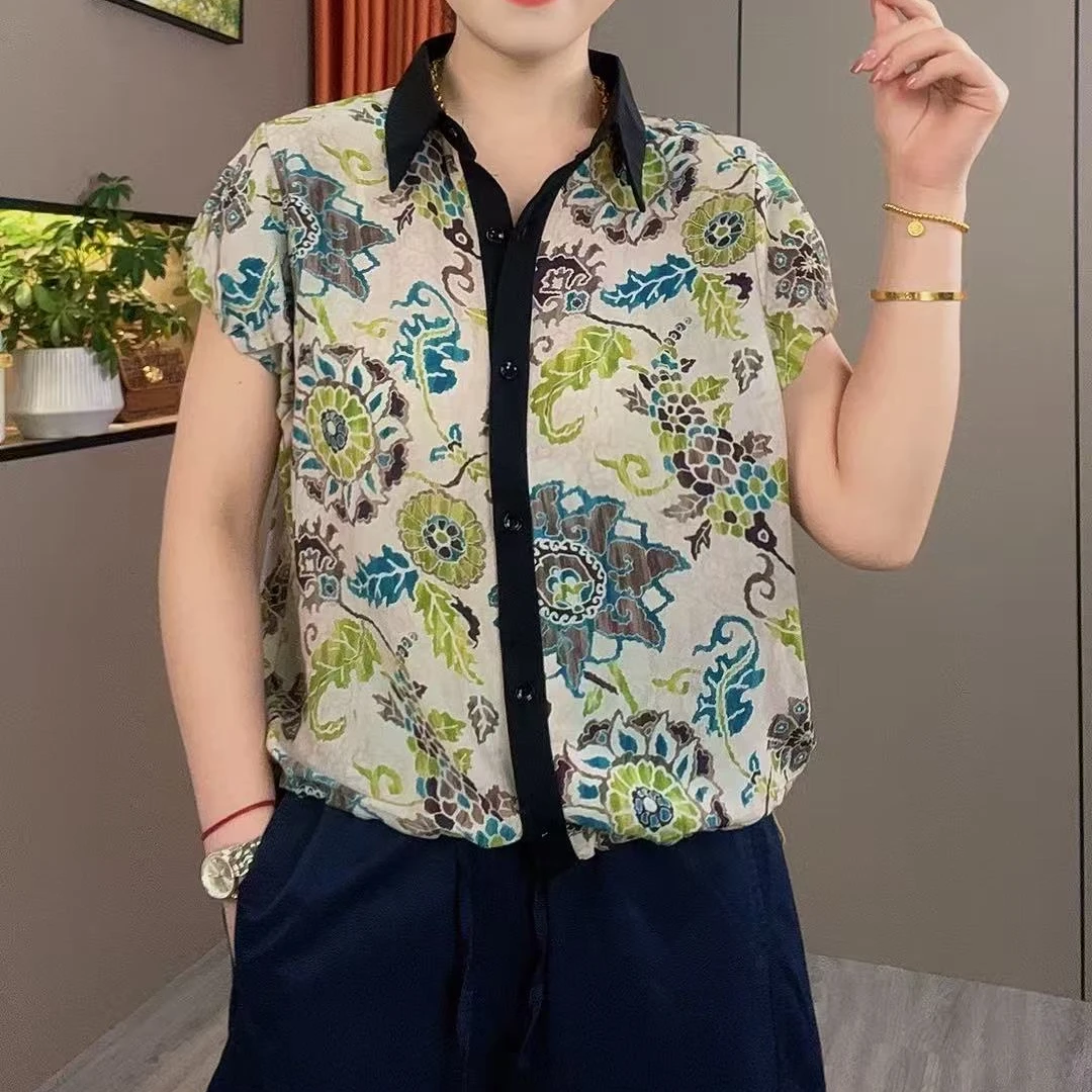 夏季新款时尚潮流简约印花翻领衬衫显瘦百搭气质休闲短袖
