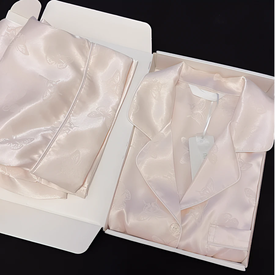 轻奢缎面蝴蝶结印花冰丝睡衣女春秋款2025长袖长裤家居服套装外穿
