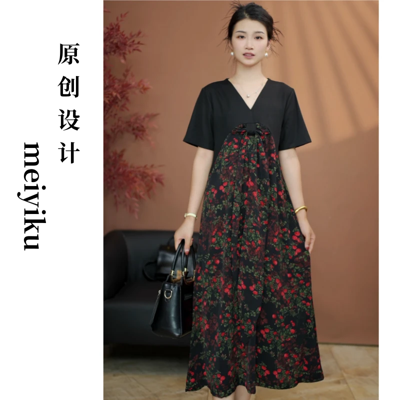 夏季新款碎花飘带气质宽松遮肉显瘦连衣裙