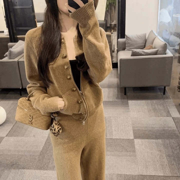 小香风气质修身针织开衫阔腿长裤两件套女装2025秋冬新款修身套装