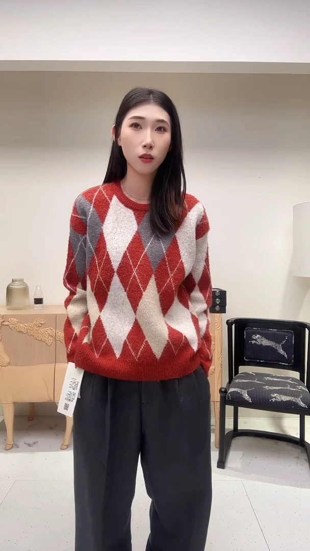 橘色白红圆领羊毛毛衣