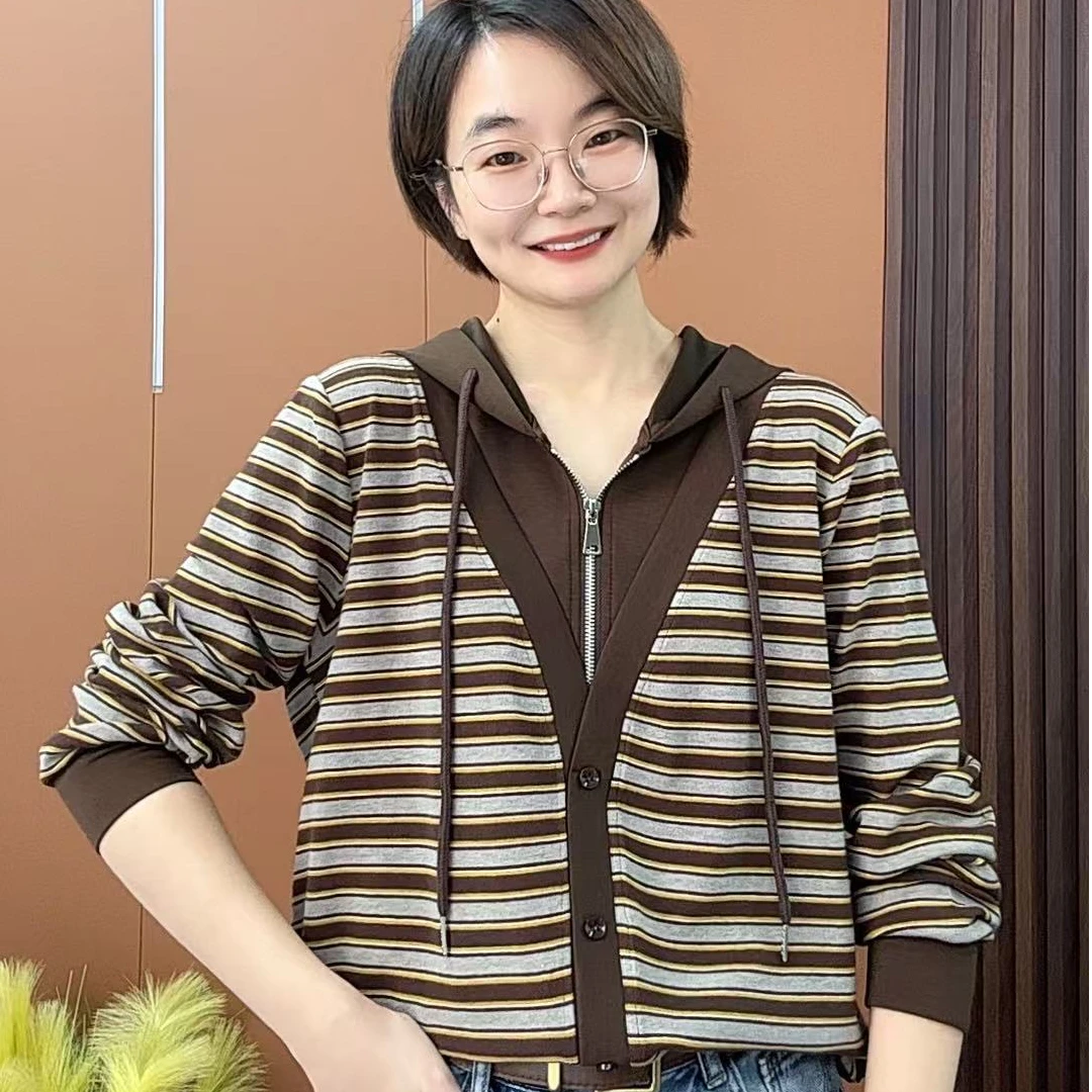 2025秋季新款假两件连帽时尚显瘦洋气女士上衣H555
