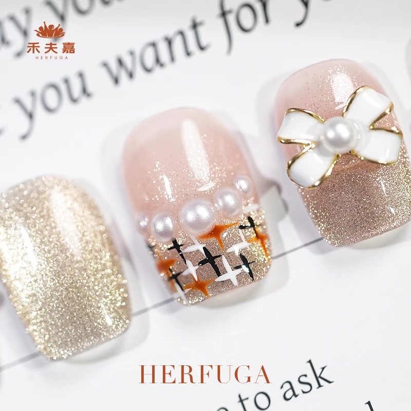 HerFuGa禾夫嘉【财阀千金】手工成品穿戴甲法式珍珠蝴蝶结