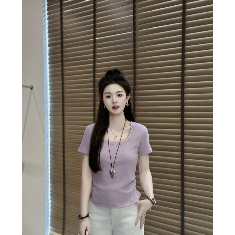 宿慕SUMU 夏季U型领短袖T恤2025新款6-19百搭显瘦简约上衣1186