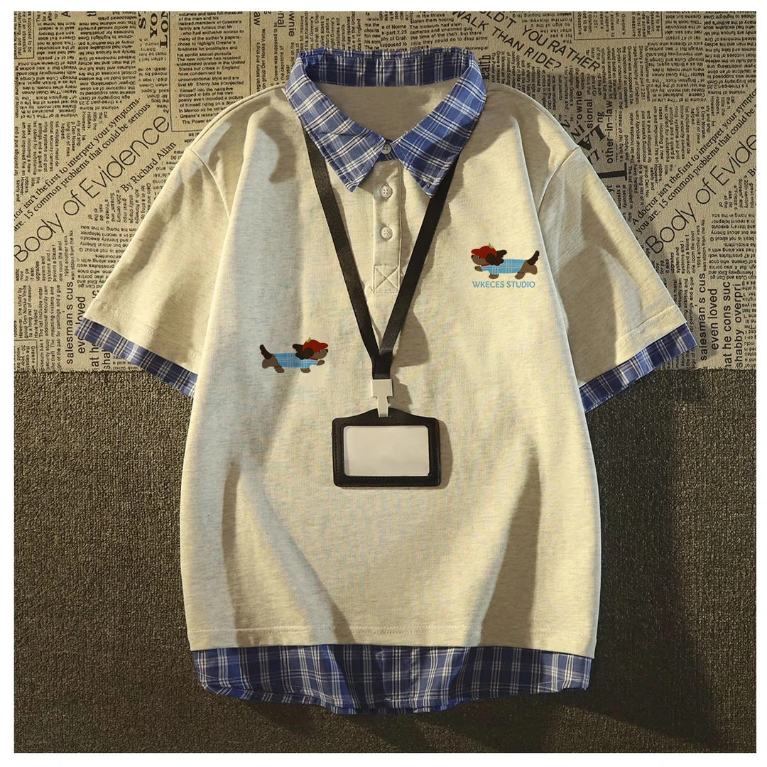 新款格子拼接小狗刺绣翻领纯棉短袖T恤洋气衣服女宽松上衣