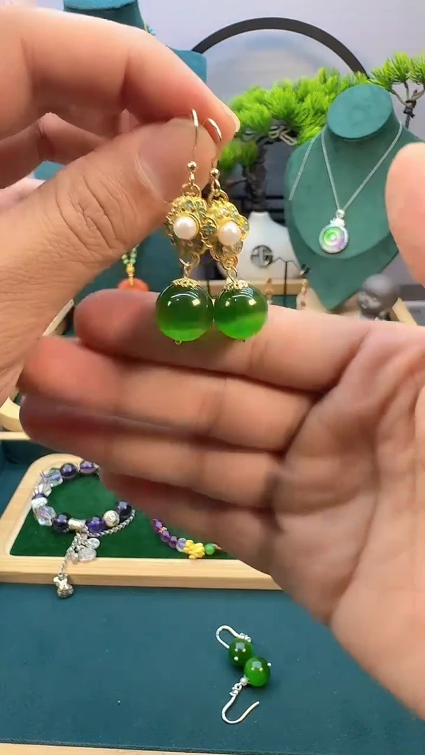 碧玺猫眼耳饰14K金镶嵌E56