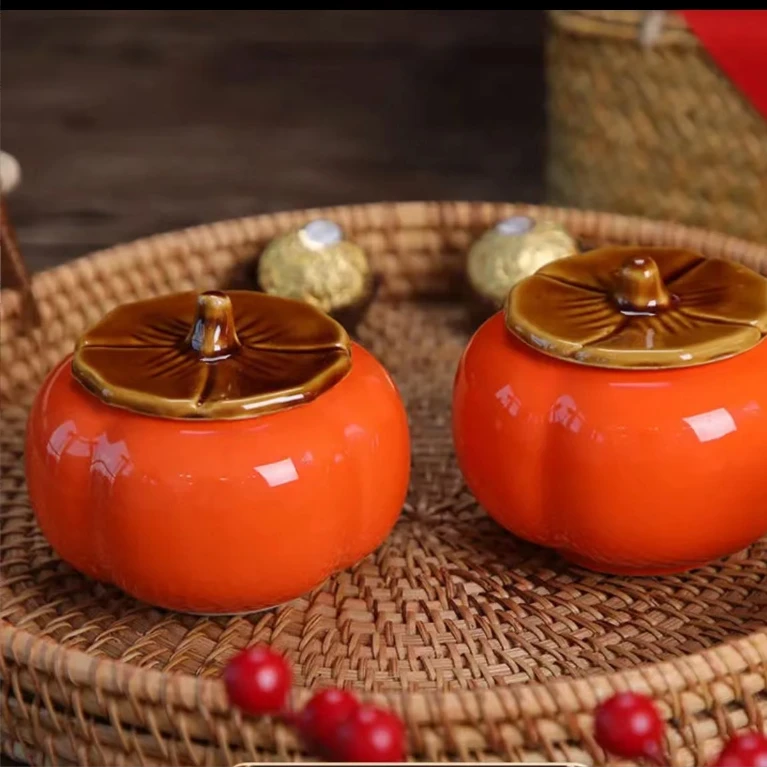 芳松里柿子茶叶罐陶瓷小号便携式密封罐茶叶大红袍25g装自喝送礼