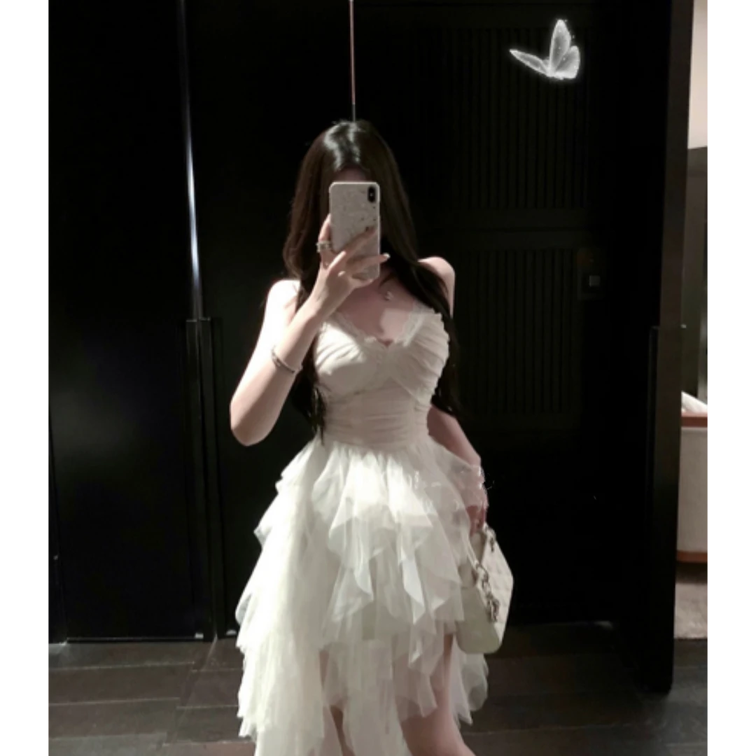 《昼行Daylit》轻奢重工高级生日小白色网纱吊带连衣裙子长裙生日裙