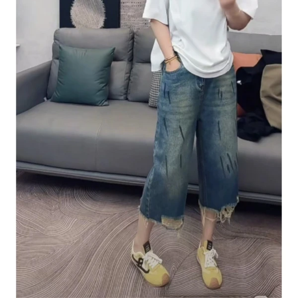 2025春夏新款大码牛仔中裤直筒复古宽松休闲百搭时尚设计感七分裤