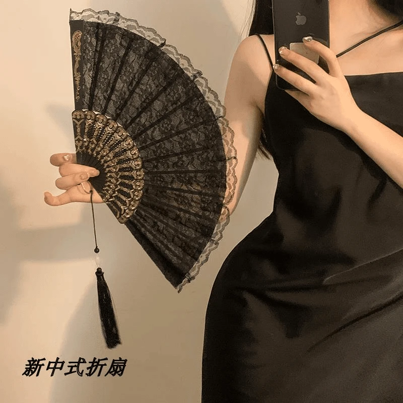 精美折扇纸古风中国风蕾丝小巧黑色竹骨扇夏便携折旗袍扇子女E601