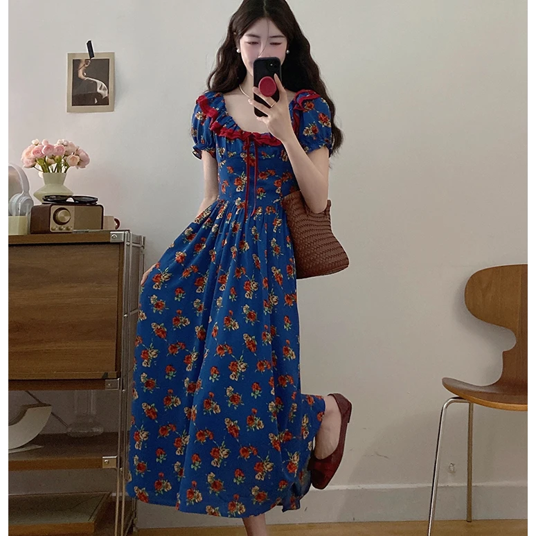 大码女装法式复古收腰碎花连衣裙女胖MM新款藏肉显瘦长裙
