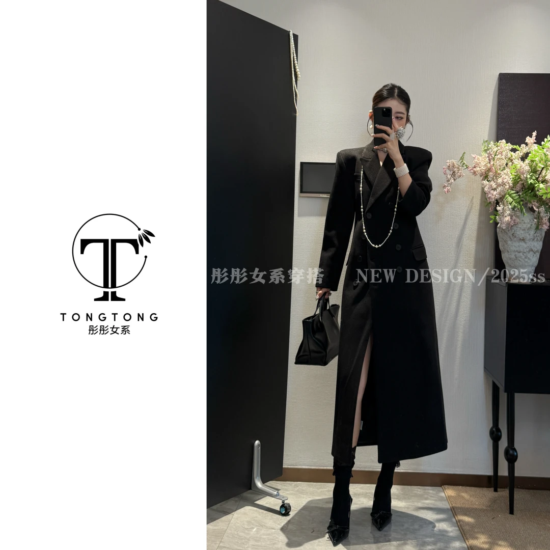 TongTong女系 长款外套大衣修身型双排扣时尚轻奢显瘦气质赫本风