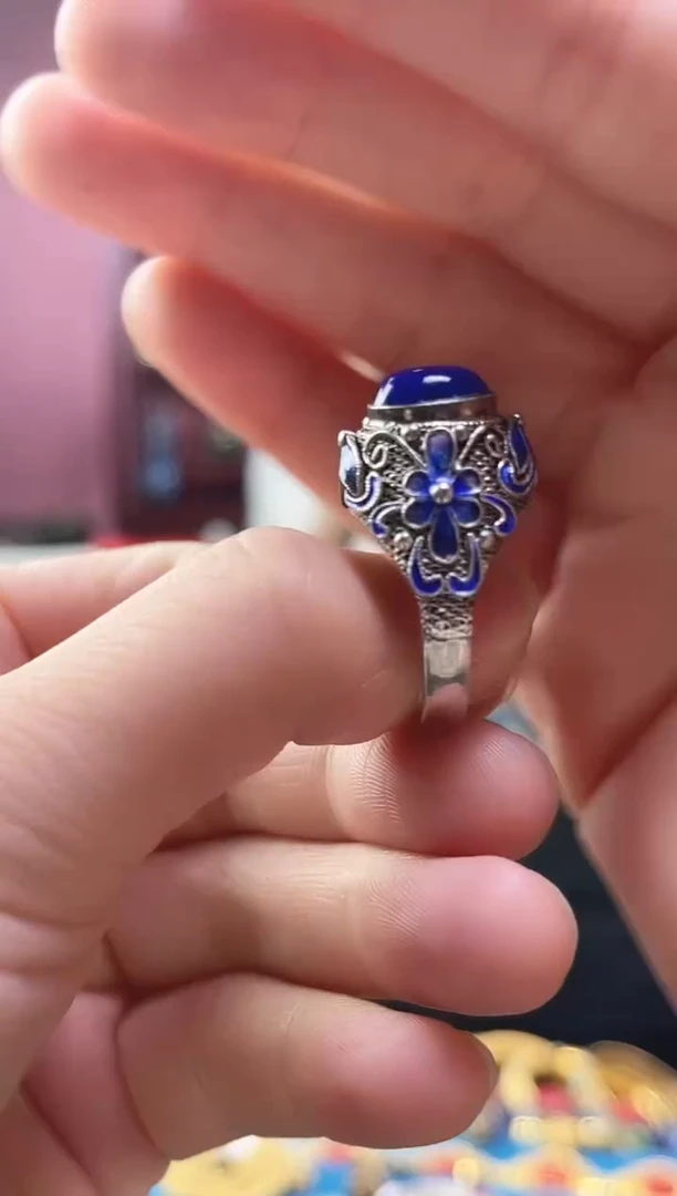 非遗技艺 花丝镶嵌戒指 青色