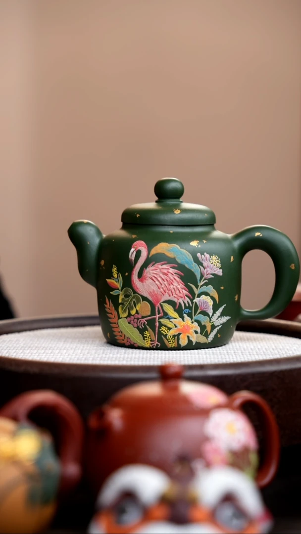 茶壶紫砂民国绿道洪静其泥绘火烈鸟