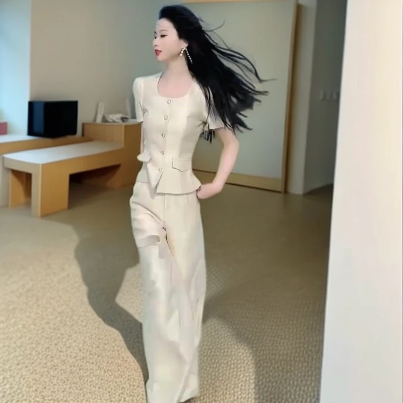 修身显瘦收腰短袖上衣+职业阔腿裤两件套减龄时尚穿搭轻奢套装女