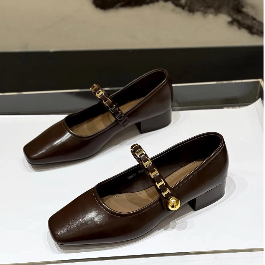 粗跟玛丽珍小皮鞋女方头链条一字带浅口单鞋百搭通勤法式高跟鞋