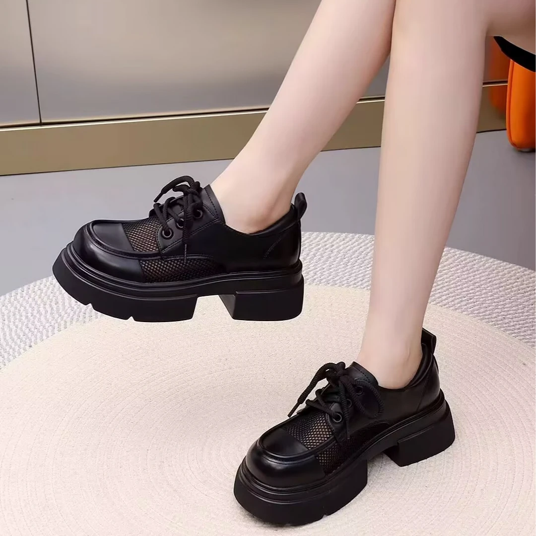 艺韵歌新款透气厚底圆头系带英伦风乐福鞋春夏时尚百搭黑色小皮鞋