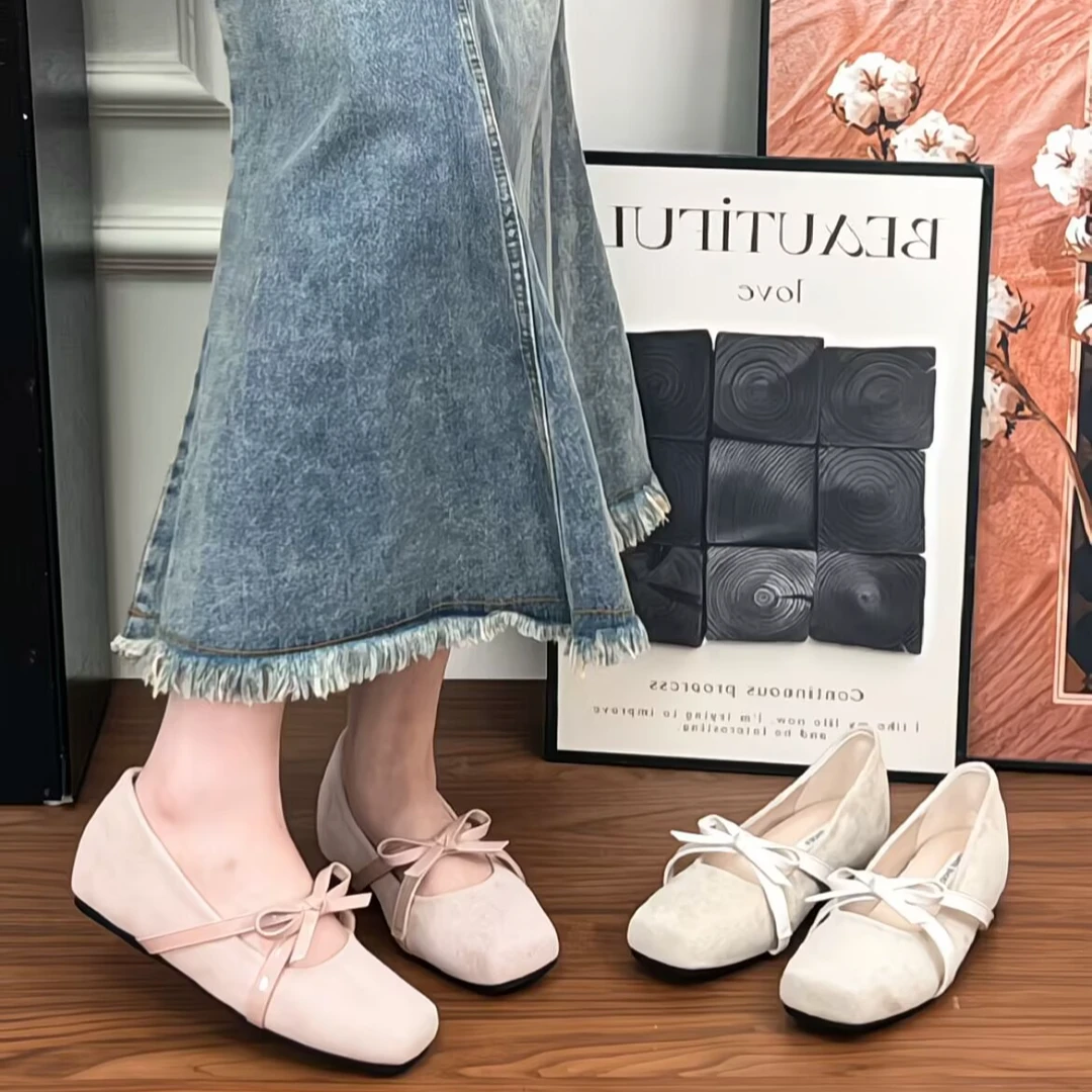 羊皮版~内增高绒面方头玛丽珍鞋女2025新款蝴蝶结浅口芭蕾舞单鞋