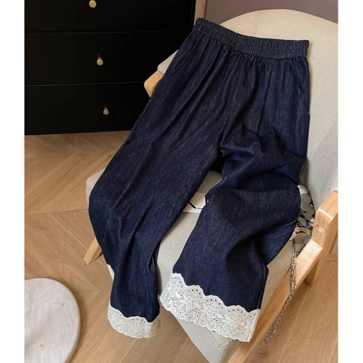深蓝色蕾丝拼接牛仔裤女夏季新款梨型身材小个子显瘦九分阔腿裤