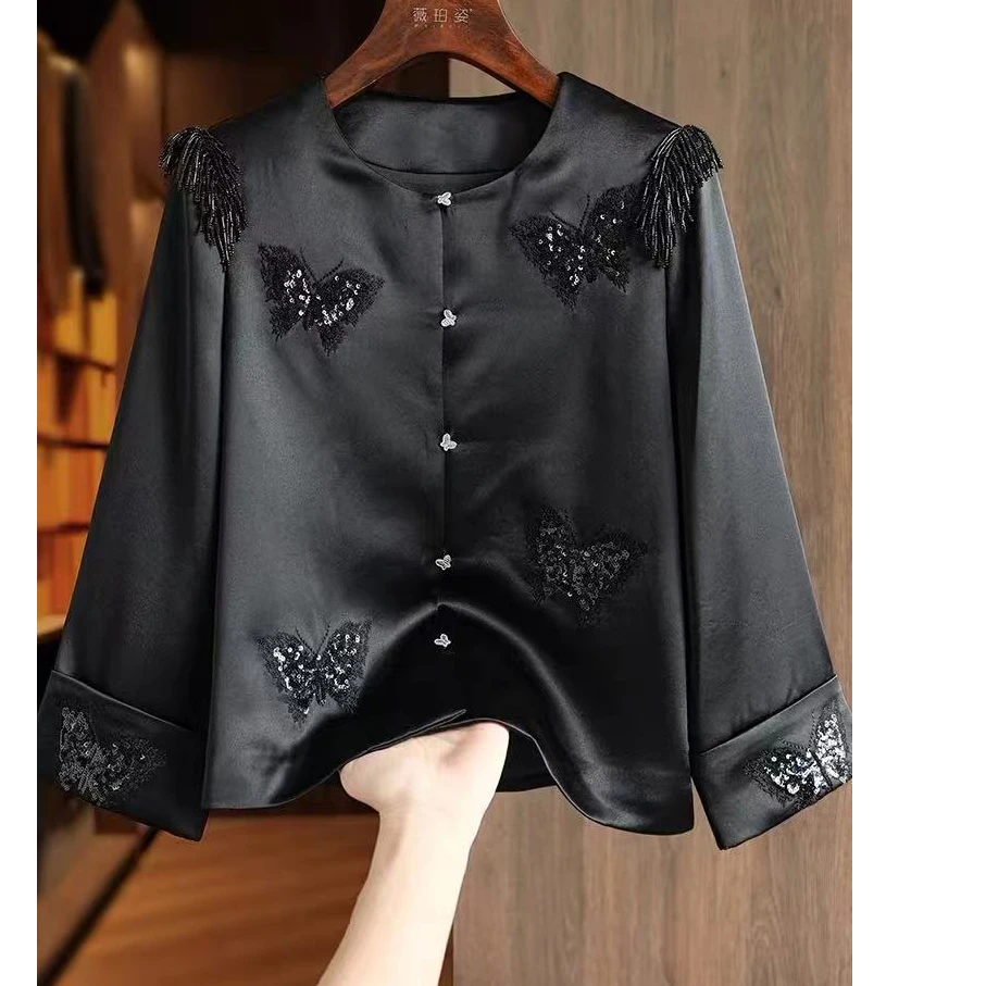 25415蝴蝶钉珠亮片高级感醋酸缎面外套