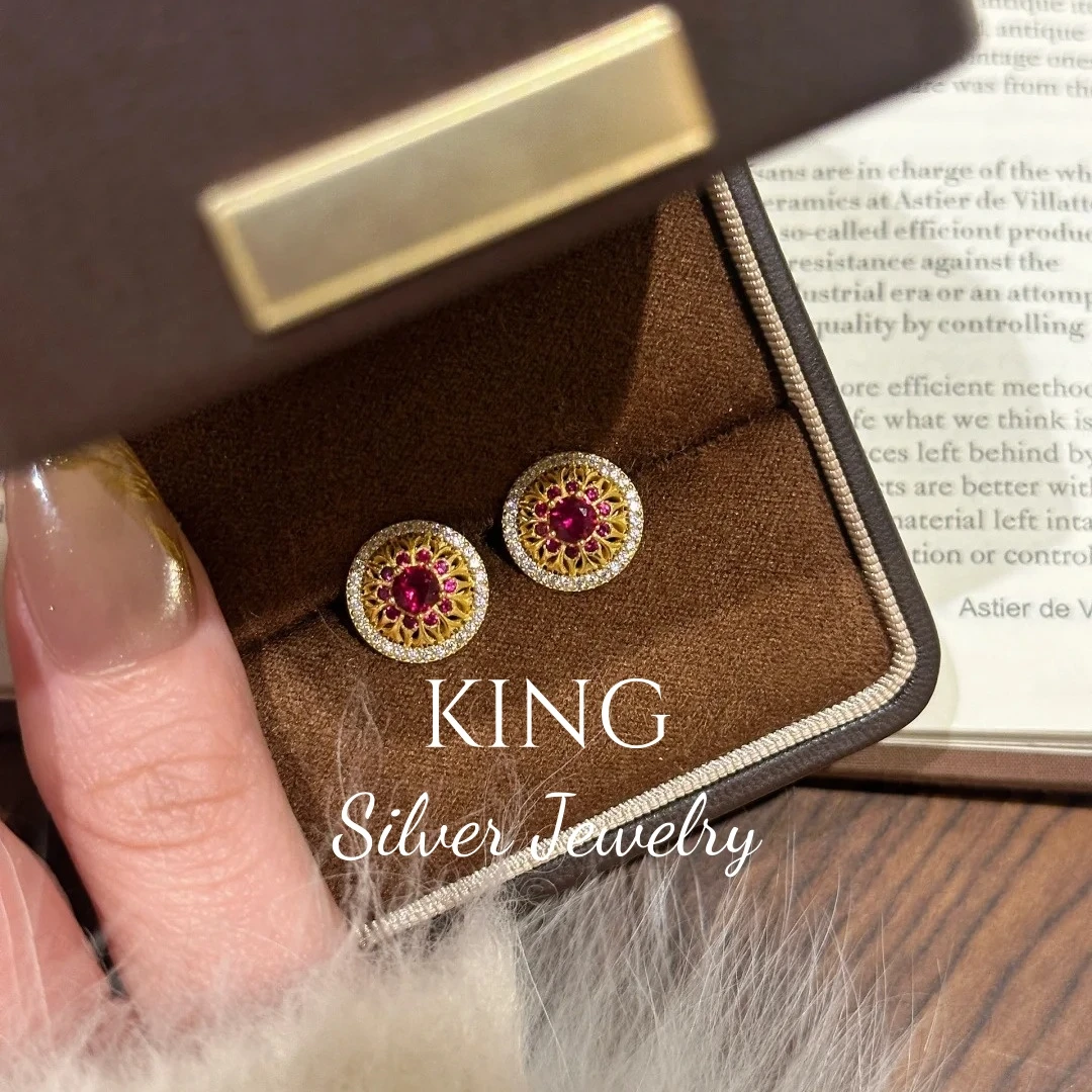 925银耳饰 king银饰玫瑰花窗耳钉百搭轻奢红色气质送老婆女友耳环