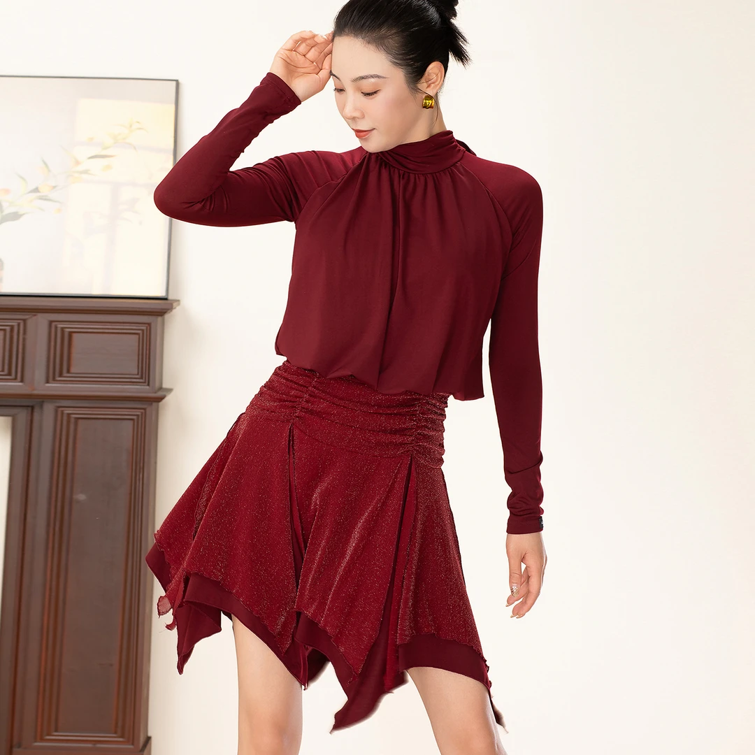 歌瑞亚拉丁舞服女成人新款小高领长袖连裆连体裙闪光网纱表演出服