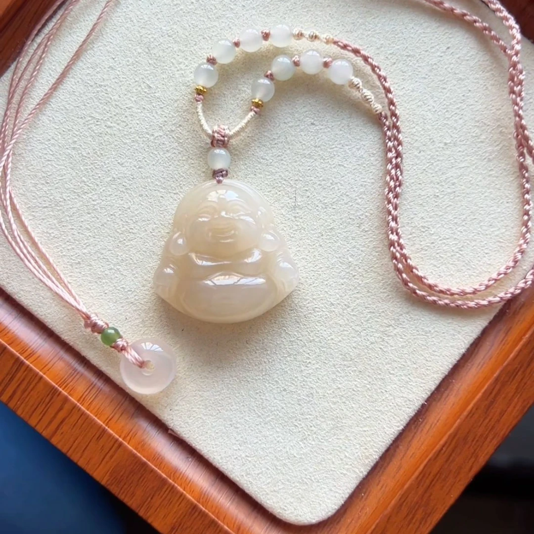 和田玉红藕粉佛公吊坠