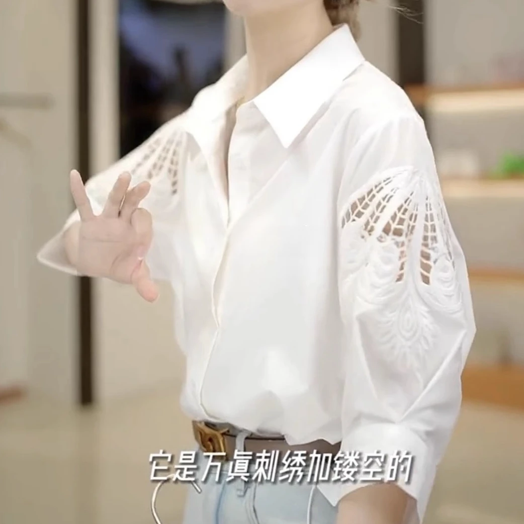 纯棉高级感凤羽镂空刺绣衬衫女夏2025新款独特漂亮七分袖上衣衬衣