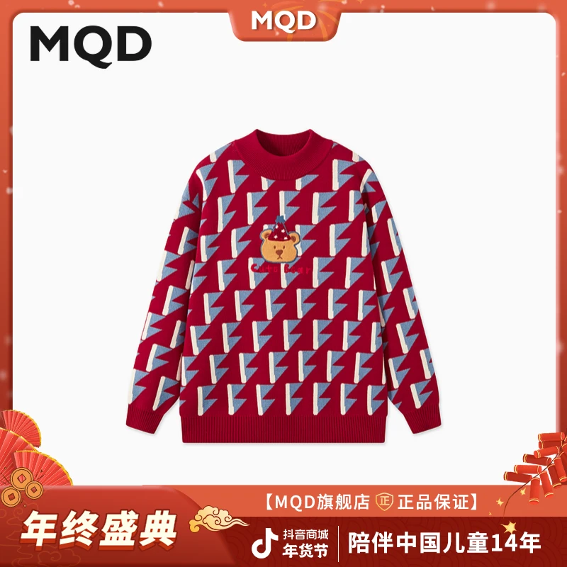 MQD童装24冬新款学院风满版卡通拜年服喜庆半高领毛衣9644W07F2