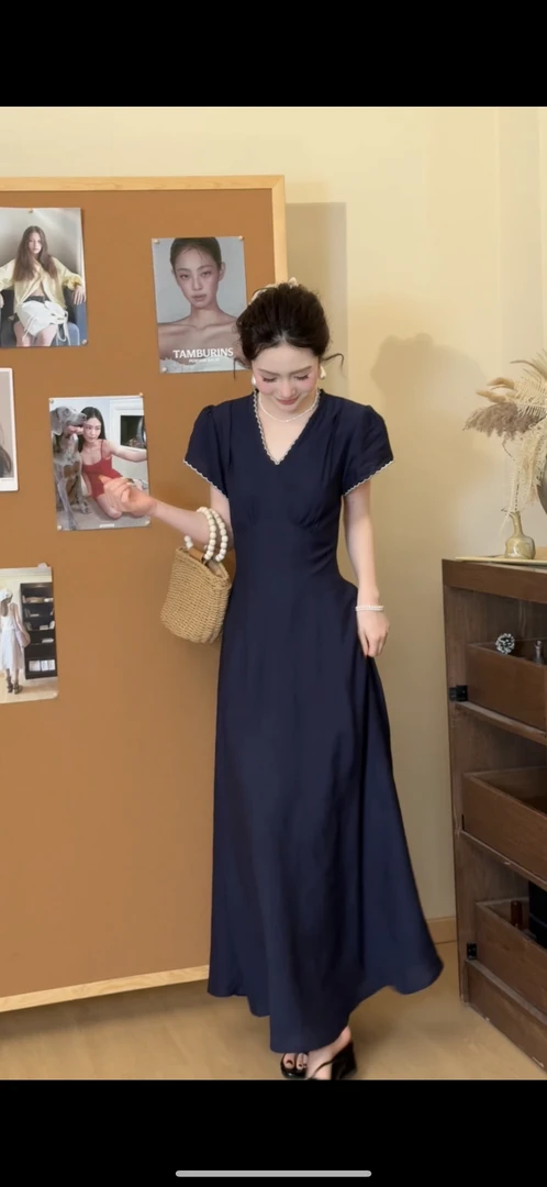 【蓝调的故事】夏季时尚收腰优雅法式休闲连衣裙短袖修身长裙