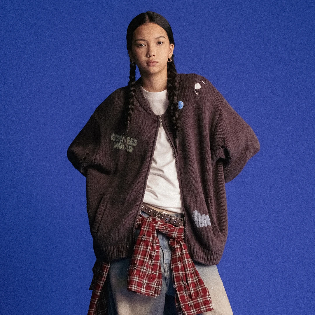 GOODBAI GOODEES破洞印花圆领毛衣开衫