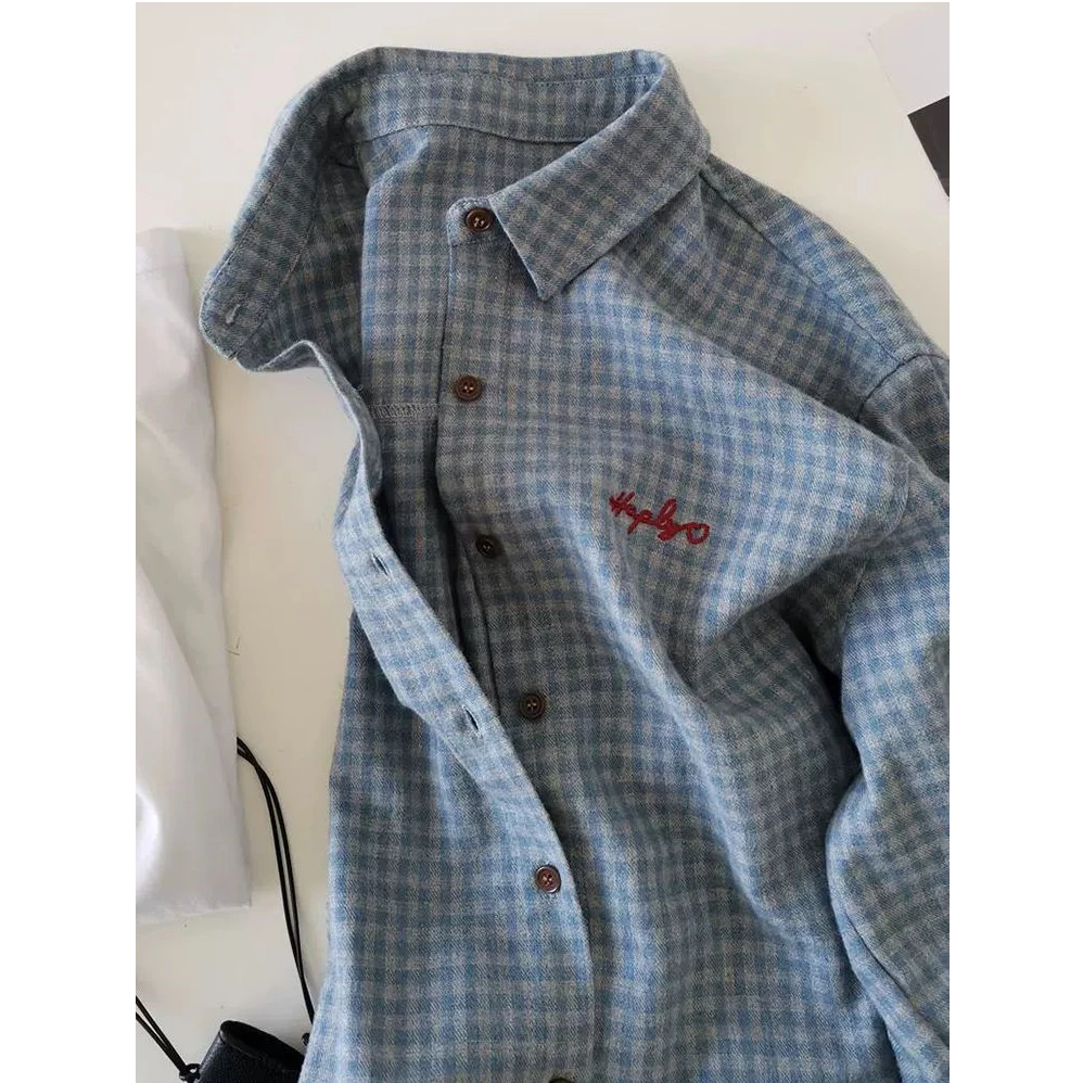 韩系蓝色格子刺绣Polo领衬衫外套女春秋外搭磨毛衬衣宽松翻领上衣