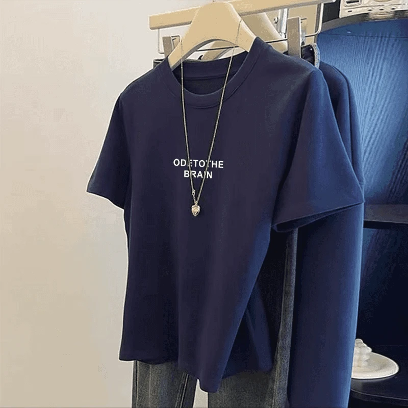 2025夏季正肩圆领短袖t恤女装ins新款时尚百搭洋气藏青色上衣衫潮