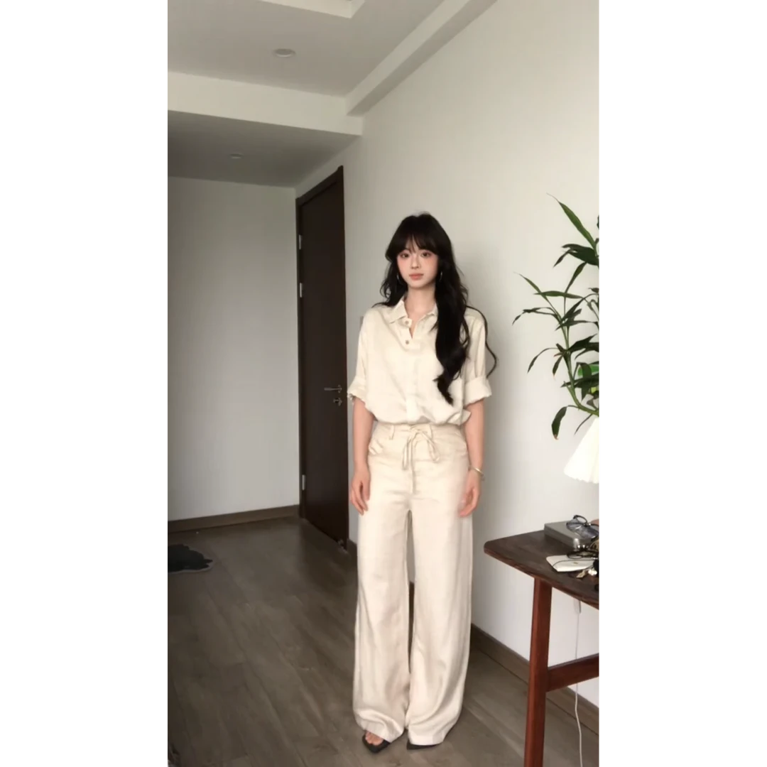 MARIE.COCO休闲风穿搭套装宽松Polo领长袖衬衫高腰直筒长裤两件套