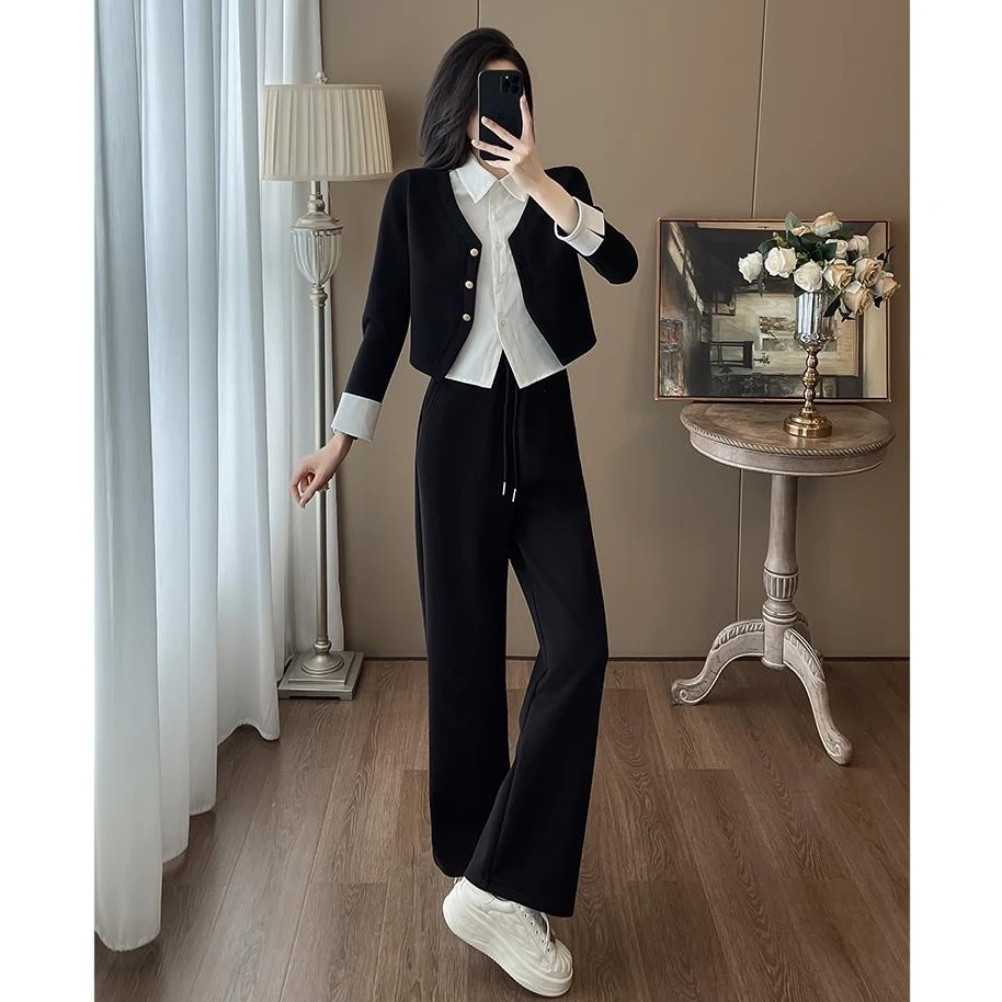 小众不撞款2025休闲时尚套装女春季设计感假两件长袖阔腿裤两件套