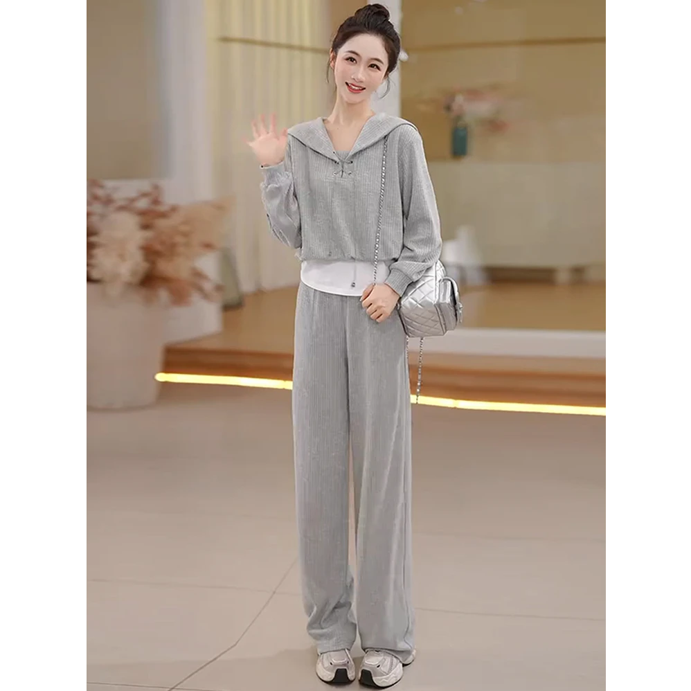 时尚韩版套装女2025秋季新款假两件拼接连帽上衣显瘦休闲两件套潮