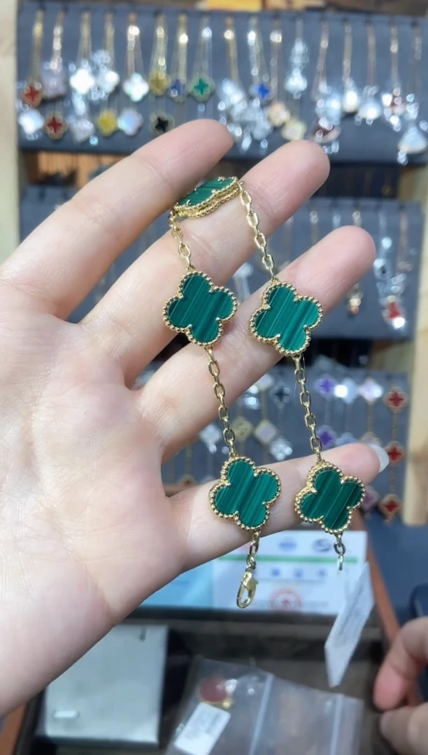 18K金镶嵌孔雀石手链孔雀石K黄绿五花