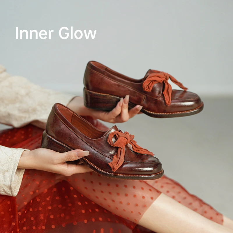 Inner Glow4.5cm春款 内外水洗马皮真皮大底英伦蝴蝶结乐福单鞋