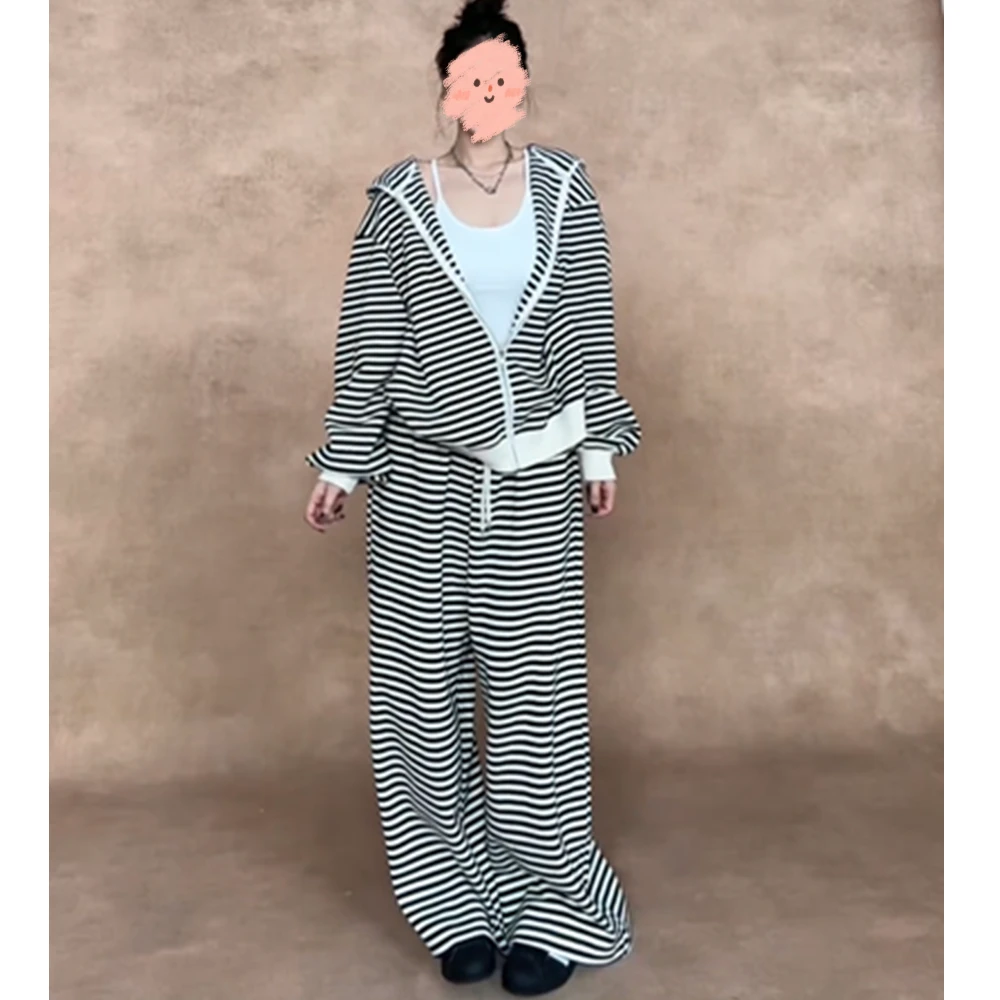 2025春季美式宽松显瘦长袖条纹连帽卫衣套装女慵懒休闲运动阔腿裤