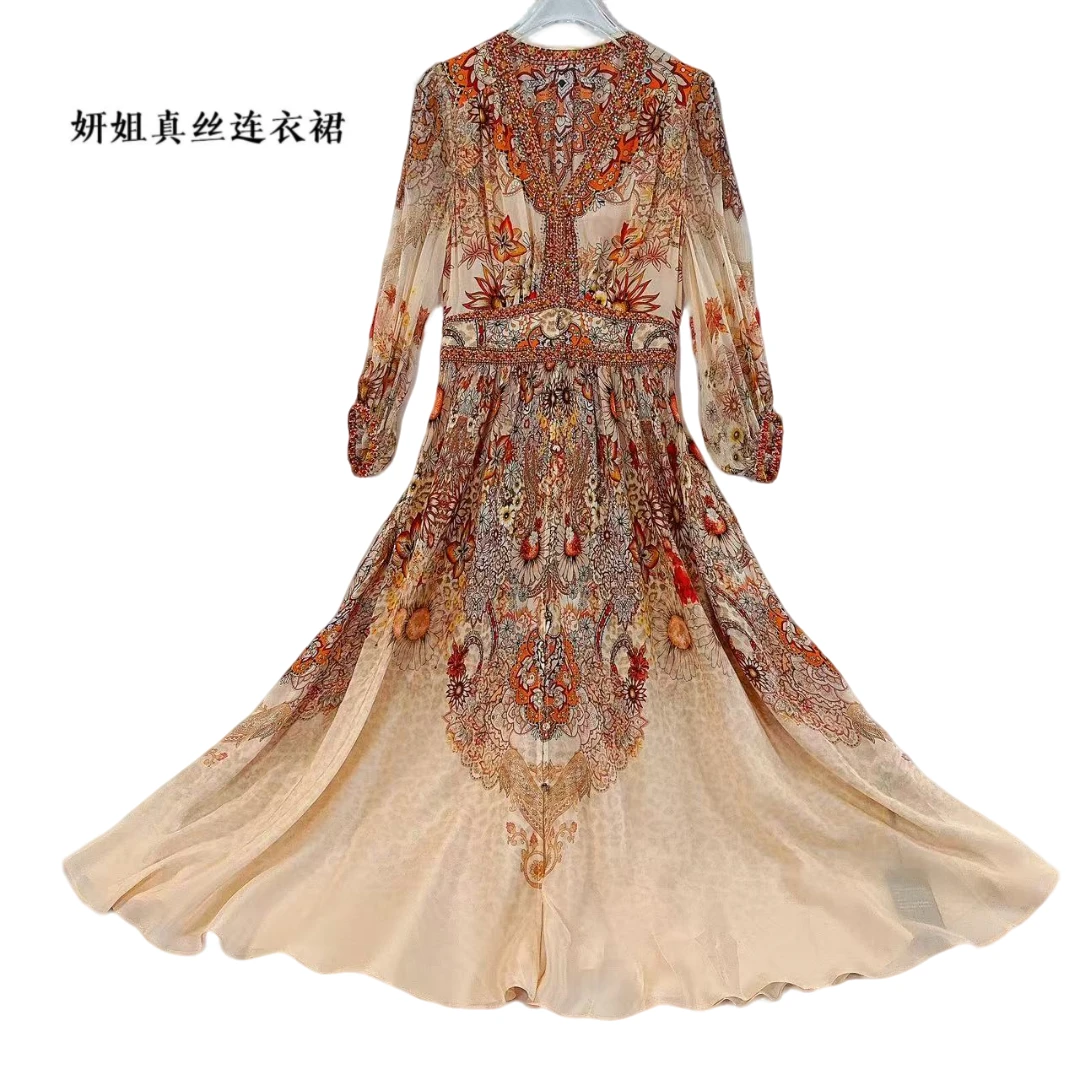 桑蚕丝春夏新品气场全开v领收腰大摆夏季时尚女装杏色 25267