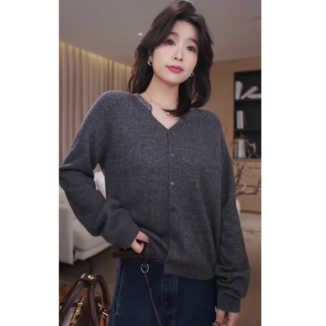 广州琴姐【珠光领语】绵羊毛羊驼毛山羊绒圆领长袖针织开衫秋冬7976