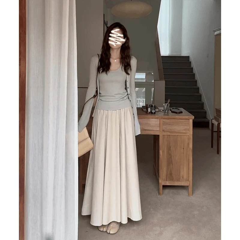 韩系针织衫吊带背心a字半身裙套装女春季新款温柔气质时尚三件套