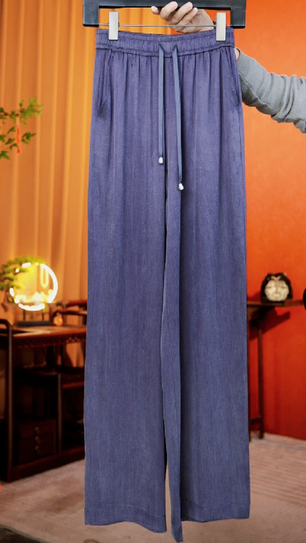 满霜铜氨丝混合双色直筒裤高腰休闲宽松新中式新中式国潮风女装