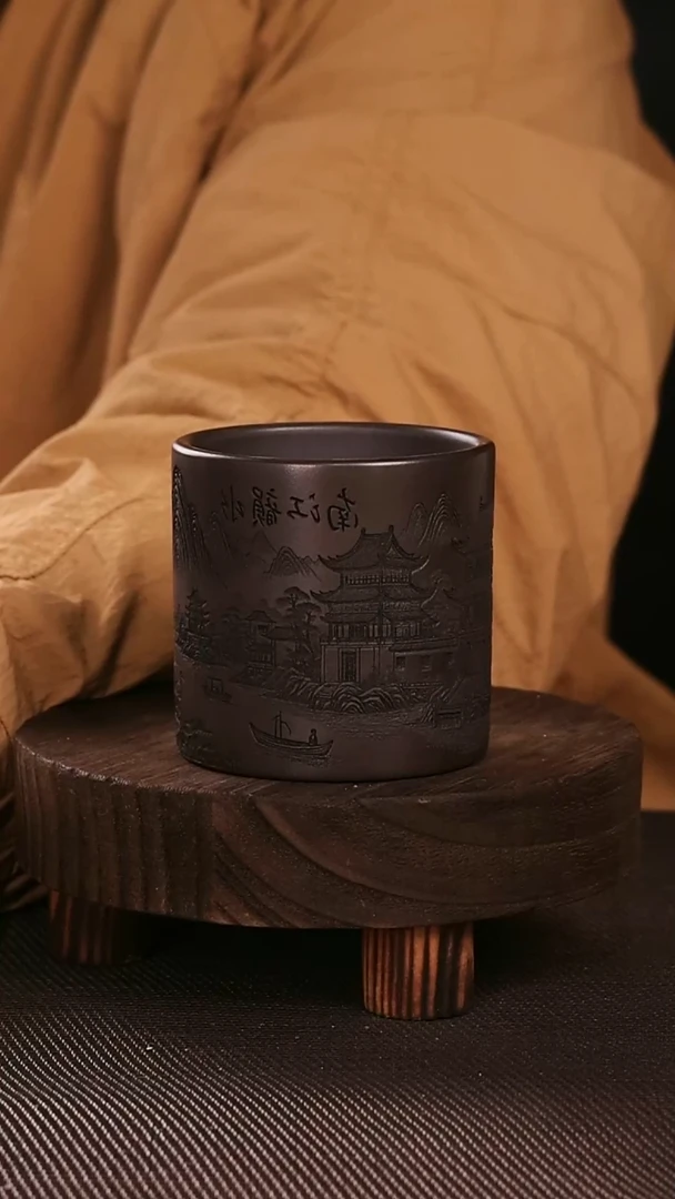 茶杯紫砂紫砂刻绘主人杯水韵江南