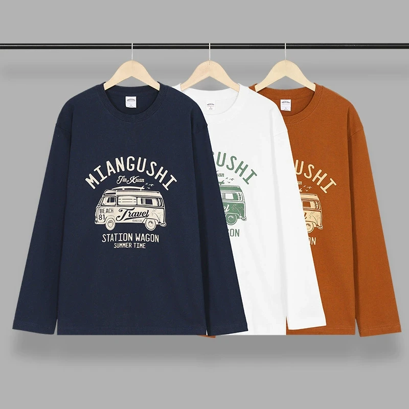 T5050 重磅纯棉潮牌卡通车印花阿美咔叽男女宽松长袖圆领百搭T恤