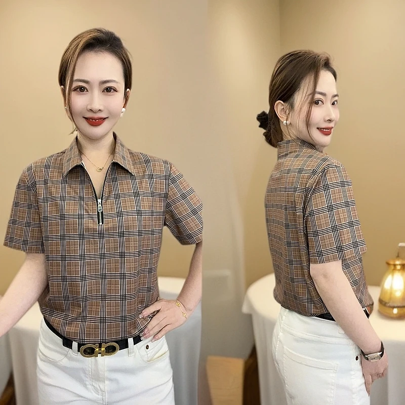 [森度男装]2025春夏男士简约时尚百搭半拉链格子衬衫显瘦夏季