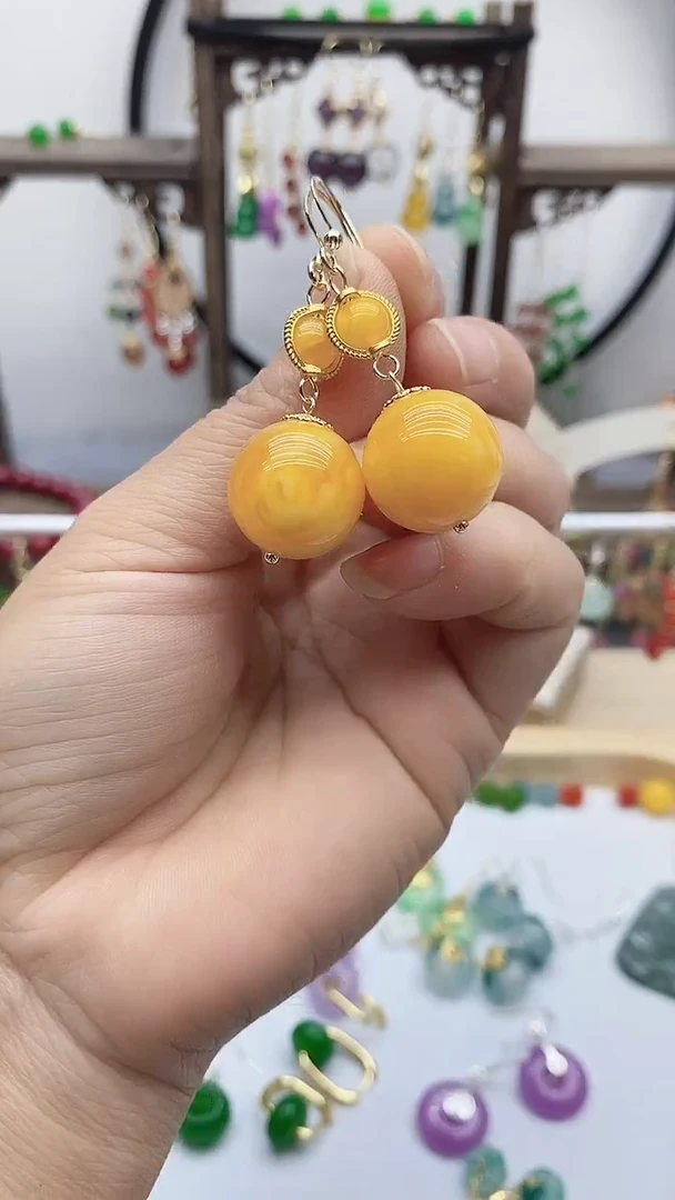 蜜蜡14K金镶嵌耳饰174蜜蜡